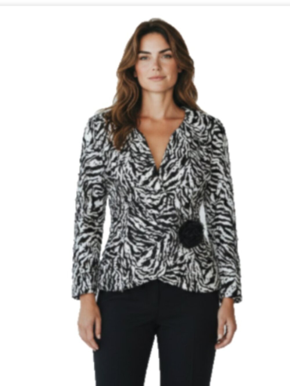 Cachet Women’s M Zebra Sequin Crinkle Evening Jacket Zip Flower 3/4 Sleeve